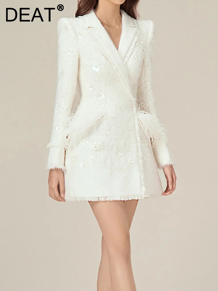 

DEAT Women's Suit Wool Dress Notched Collar Broad Shoulder Spliced Feather Sequins Waist Fashion Female Dress 2023 New 13DB1724