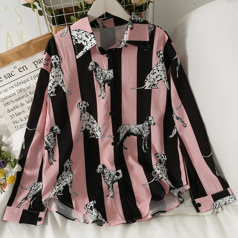 

2021 Autumn New sexy Single-breast Loose Casual Top Blusas Turn-down Collar Fashion Female Clothin Striped Blouse Puppy Print