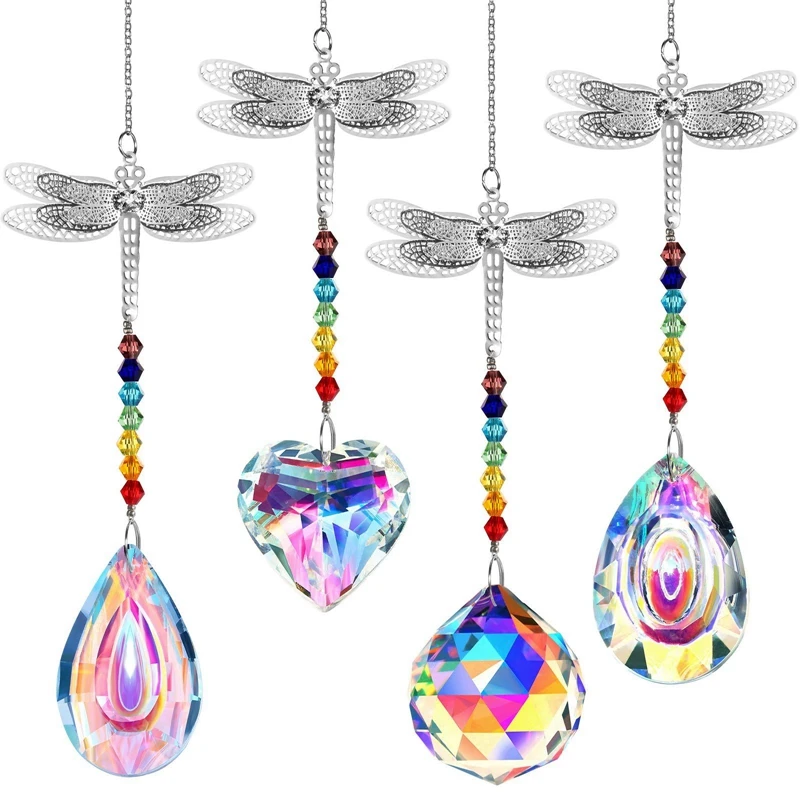 

4Pcs Crystal Suncatcher Chandelier Pendant Dragonfly Rainbow Create Hanging Ornament Chakra Wall Hanging Plants Decor