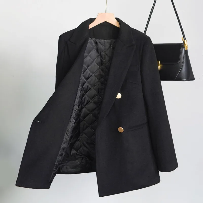 

Thickend Woolen Suit Coats 2022 New Sale Winter With Cotton Plaid Commute Women's Blazers Double Breasted Warm Black Outerwear