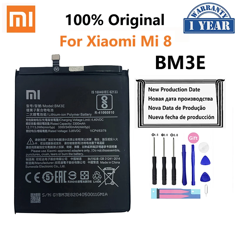 

100% Original Xiao Mi Phone Battery BM3E For Xiaomi Xiaomi8 Mi 8 Mi8 M8 Real 3400mAh High Quality Batterie Bateria + Free Tools