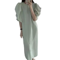 ins simple round neck pullover loose lazy wind bubble sleeve casual solid dress long skirtshort dresses women 2022