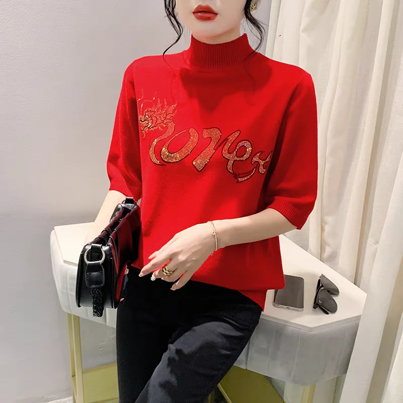 Новинка Осенний вязаный свитер с высоким воротником сексуальные топы красным