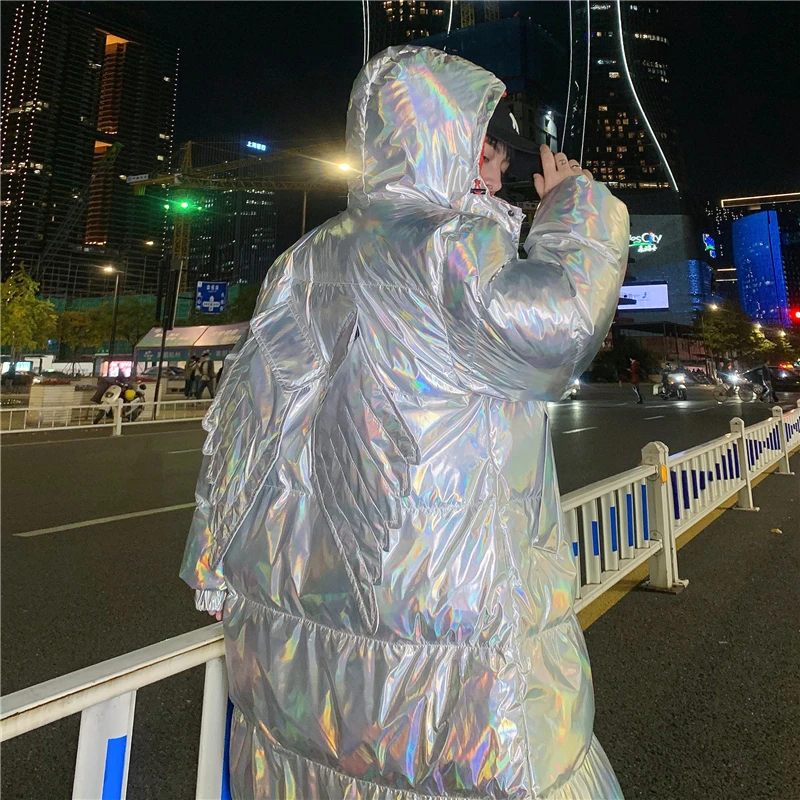 Thick Long Puffer Jacket for Men Winter Fashion Trends Warm Clothing Teens Colorful Reflective Padded Coat Streetwear with Wings