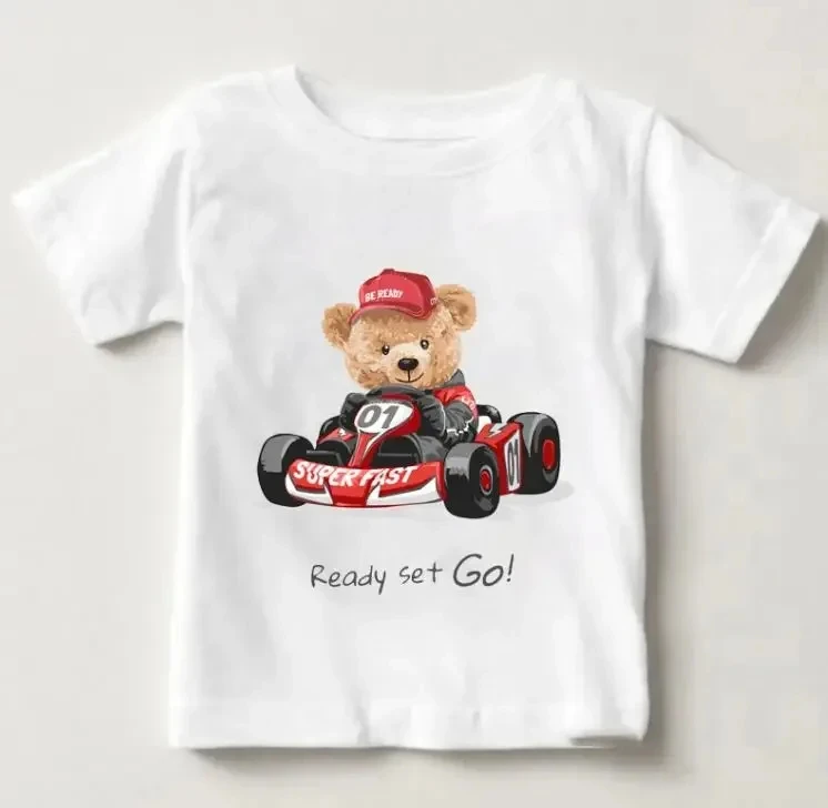 Детская Летняя Футболка Унисекс С Принтом Белого Медведя И Гоночного Автомобиля