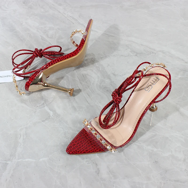 Fashion Women's Shoes 2023 Summer New Pointed Toe Open Toe Crystal Chain High Heels Ankle Strap Sexy Party Stiletto Sandals