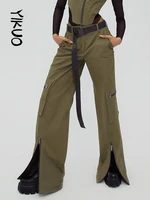 yikuo chic zip up split green cargo pants buckle belt low rise baggy straight sweatpants women jogging trousers y2k streetwear