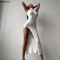2022 women sleeveless high neck side slit midi dress white bodycon sexy streetwear party club elegant festival clothes vestidos
