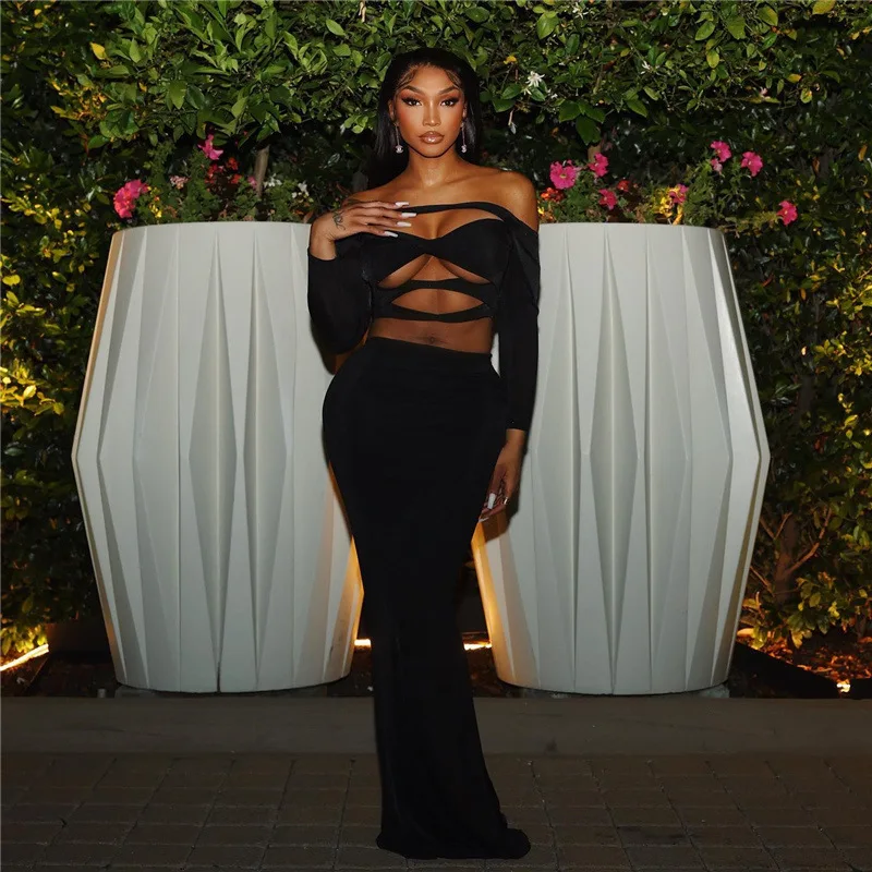 

Hollow Out Solid Two Piece Set Women Sexy Off Shoulder Long Sleeve Skinny Tops+Elegant Sheath Skirt Lady High Street Suits