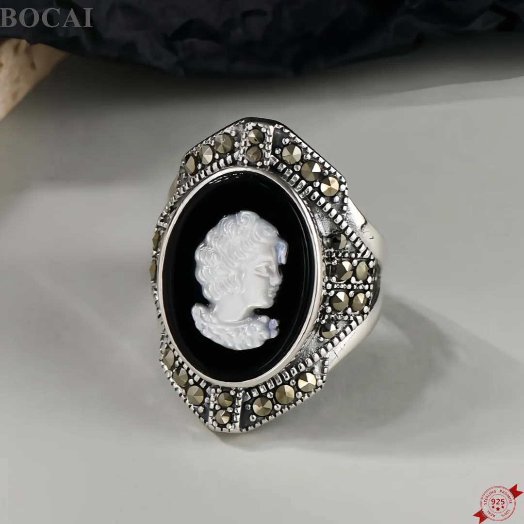 Фото Новые серьги-гвоздики BOCAI из стерлингового серебра S925 с агатом и портретом королевы, изысканные ювелирные украшения для женщин №1