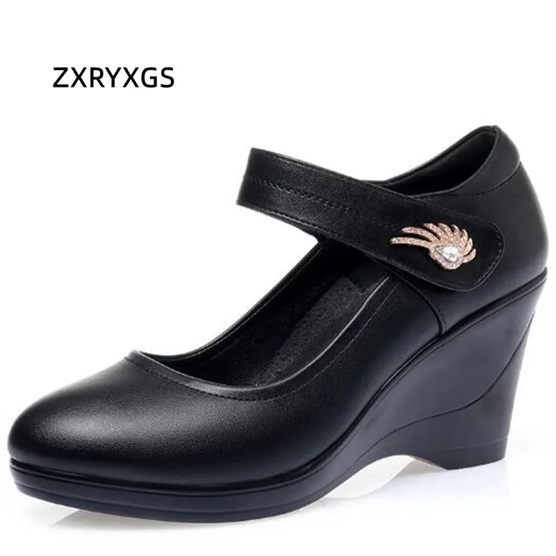 

ZXRYXGS 2023 New Fashion Spring Genuine Leather Rhinestone Shoes Woman Wedges Shoes Elegant Dance Etiquette High-heeled Shoes