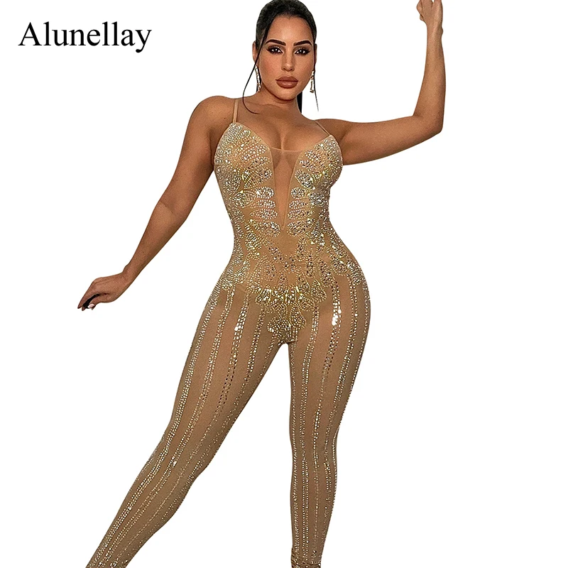 

2022 женские летние прозрачные Сексуальные облегающие комбинезоны Стразы со стразами для ночного клуба Комбинезоны с V-образным вырезом комб...