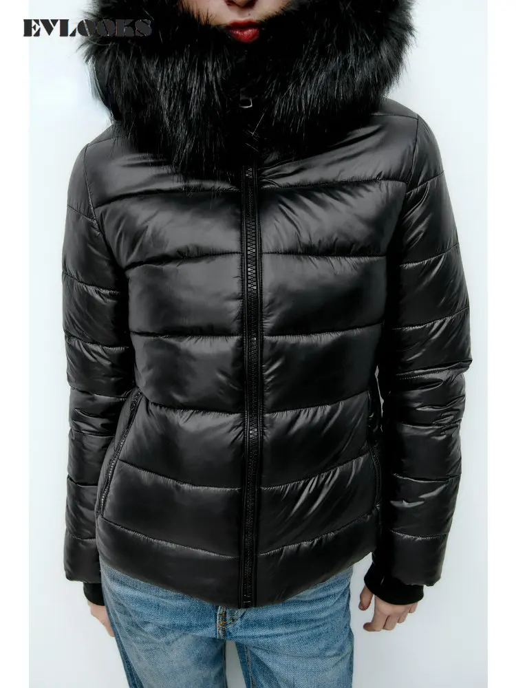 EVLOOKS New In Thick Black Cotton-padded Winter Coat Waterproof Puffer Jacket Loose Water Repellent Puffer Jacket Outerwear