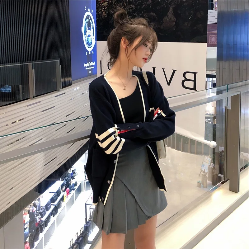 Spring and autumn new TB long-sleeved cardigan V-neck college style knitted sweater four-bar temperament sweater cardigan coat