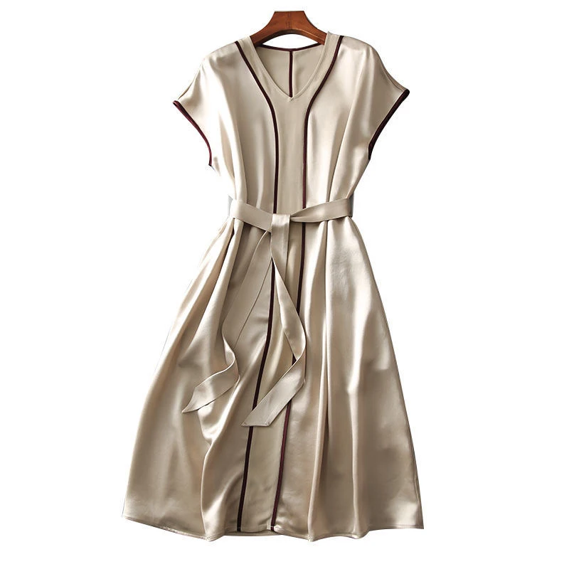 

Women Summer Dress Elegant V-Neck Sashes Loose Satin Short Sleeves Dresses A-Line Patchwork Party Female Dress Vestidos