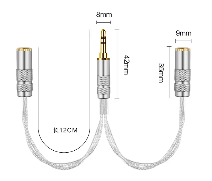 

HIFI Sterling Silver 3.5mm Male To Dual 3.5 Female Plug Splitter Cable For Phone MP3 PC Laptop Pure Silver Cord Adapter