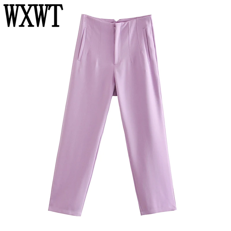 

WXWT 2022 Women Light Purple High Waist Pants Pocket Zipper Female Solid Casual Pencil Pants Pantalon LY9385