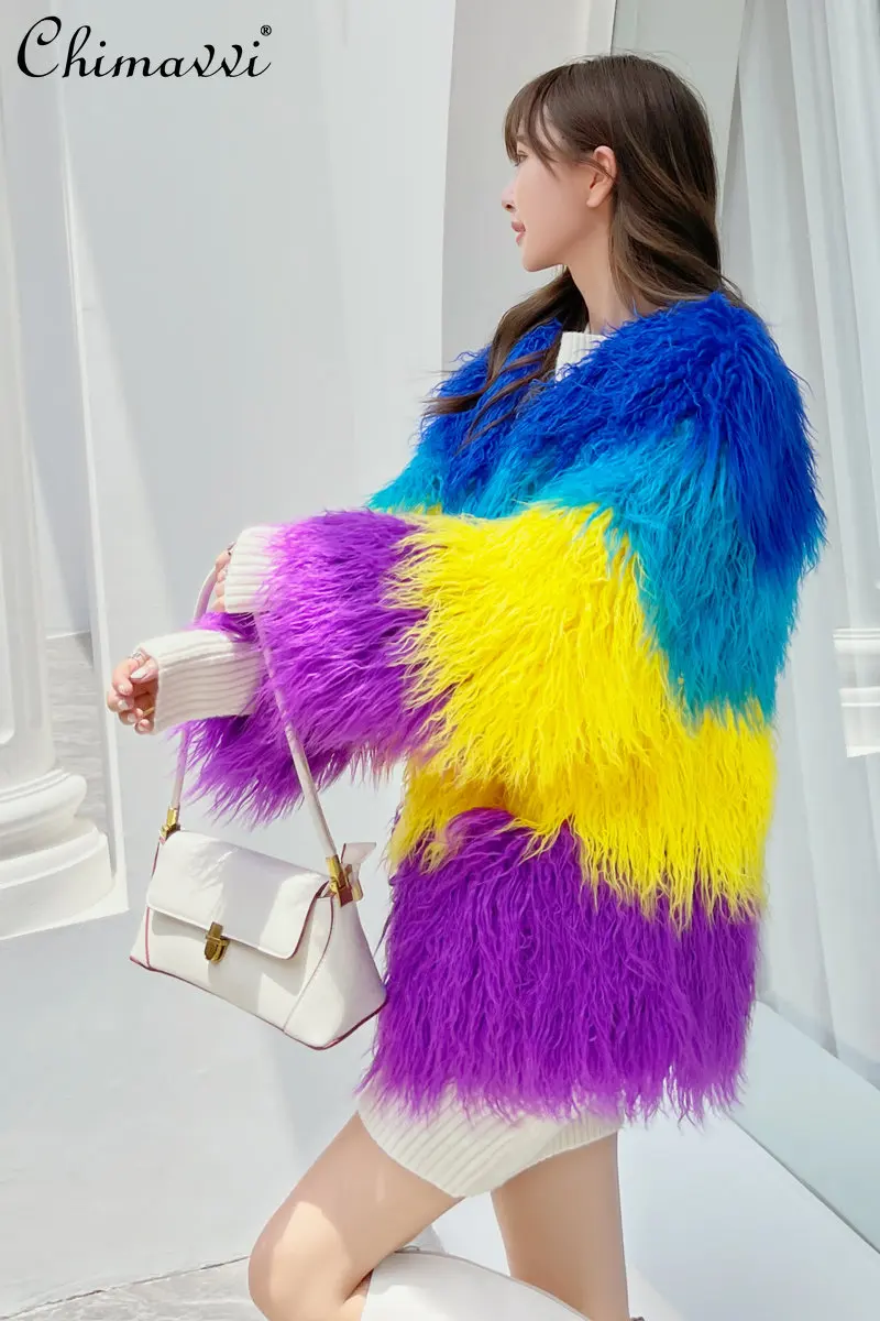 Fashion 2023 New Color Women's Imitation Fur Stitching Contrast Color Jacket Fashion Mid-Length Artificial Lamb Wool Coat Women