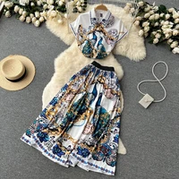 summer fashion runway midi skirt sets womens tank sleeve peacock print pink white shirt and long pleated skirts two piece suit