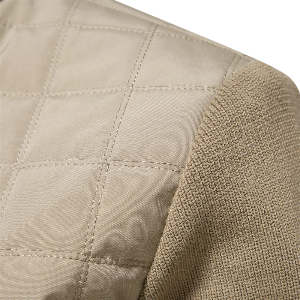 LUCLESAM Men's Stand Collar Jackets Stitching Knitted Sleeve Zipper Cotton Coats Winter New Business Casual Men Warm Clothing