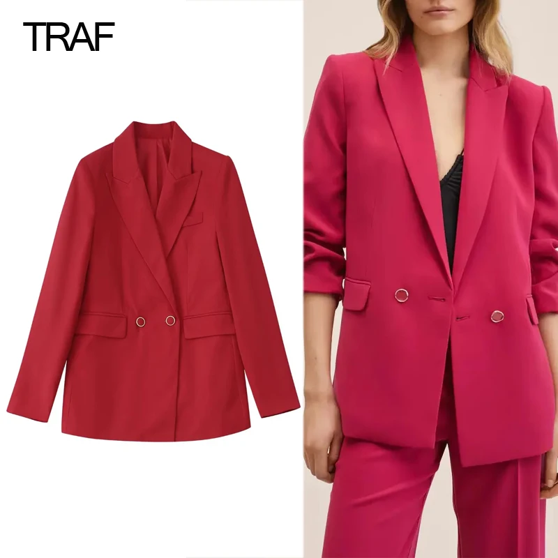 

TRAF Women's Red Blazer Double Breasted Blazers For Women Elegant Stylish 2022 Summer Vintage Women's Office Wear Blazer Suits