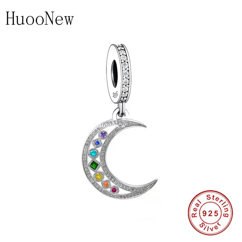 

Fit Original Pan Charms Bracelet 925 Silver Good Luck Crescent Moon 7 Chakra Healing Zircon Bead For Making Women Berloque DIY