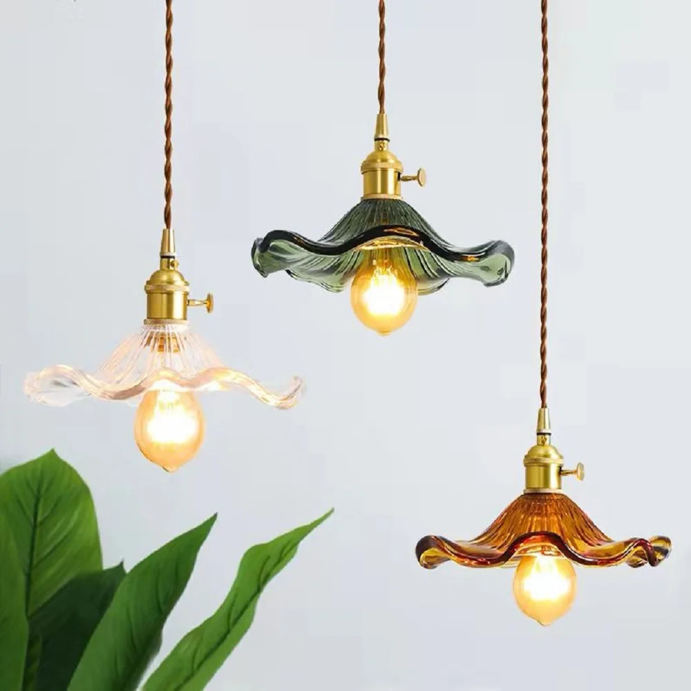 Japanese retro lotus leaf bar chandelier Nordic minimalist porch restaurant balcony aisle brass glass ceiling lamp