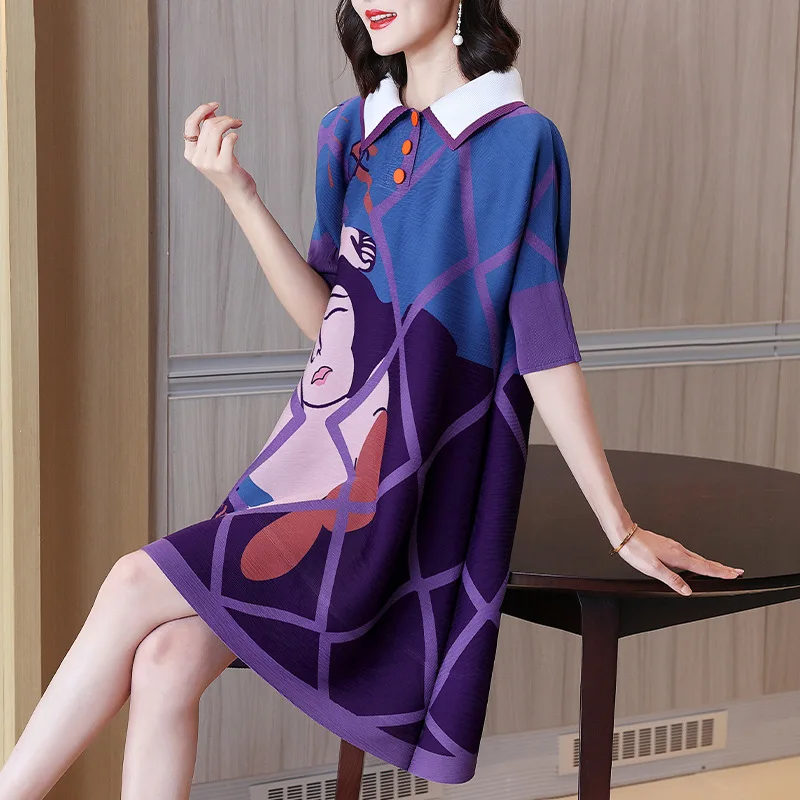 

Miyake pleated large size dress women's 2022 spring new retro fashion print fat mm loose mother dress women's mid-length dress