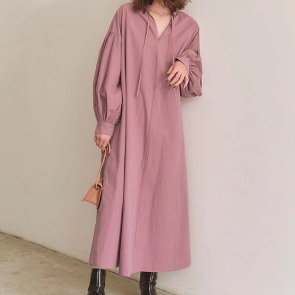 

Maxi Dresses For Women 2022 Spring Japanese Style Loose Simple V-neck Long-sleeved Lantern Sleeve Dress Casual Female Clothes