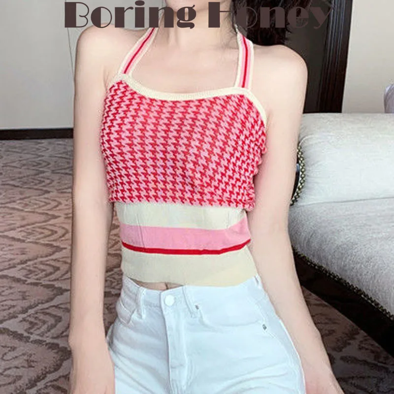 

Boring Honey Summer Clothes For Women Crop Top Chequer Contrast Color Halter Tank Top Slim Basic Be All-Match Knitted Blouse