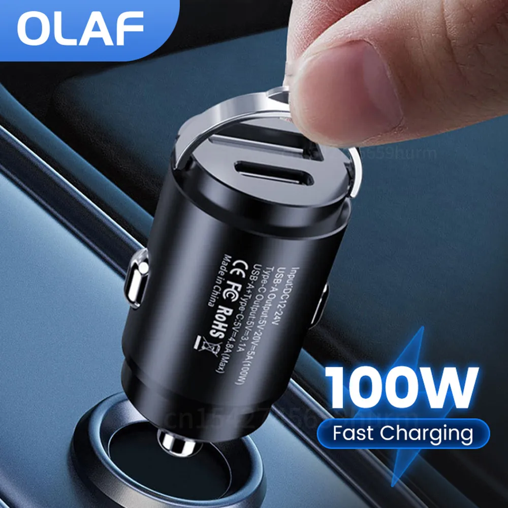 Olaf 100W Mini Car Charger Dual Ports Pull Ring Fast Charge Type C PD Car Adapter for iPhone 13 12 Xiaomi Huawei Samsung QC3.0