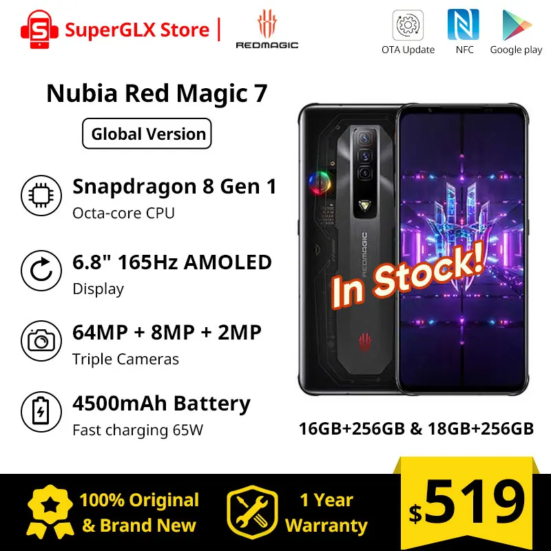 

Nubia Red Magic 7 с восьмиядерным процессором Snapdragon 8, ОЗУ 16/18 ГБ, ПЗУ 256 ГБ, 165 Гц, 65 Вт