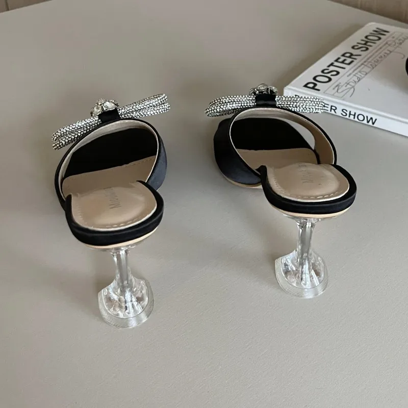 2023 Summer New Fashion Rhinestone High-heeled Sandals and Slippers Square Head Crystal Bow Wine Glass with Women's Shoes