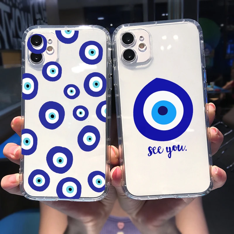 

Turkish Lucky Blue Evil Eye Abstract Phone Case Transparent for IPhone 11 12 6 7 8 9 13 Pro X Max XR Plus Soft Shockproof Cover