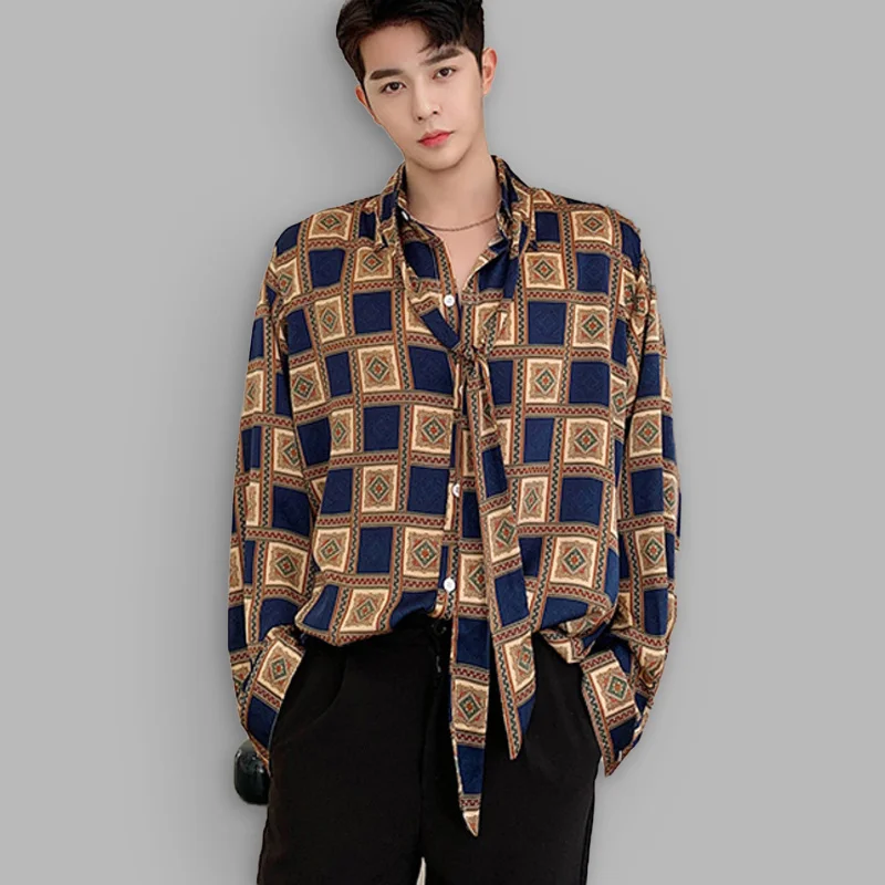 

Checked Patchwork Loose Shirts For Mens Silk Smooth Satin Shirt Lazy Style Long Sleeve Blouse With Tie Luxury Designer Clothing