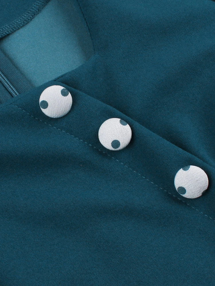 Женское платье в горошек синее стиле Хепберн 50-х годов с квадратным вырезом