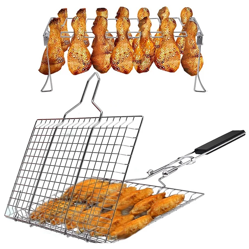 

Grill Accessories, Grill Basket and Grill Rack, Portable Folding Fish Grilling Basket with Removable Handle, Grill Rack