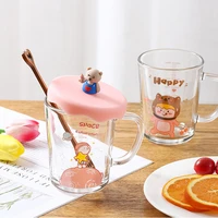 cute glass cup ins comic style space breakfast milk coffee office daily use cover scale cup juice drink transparent classic cup