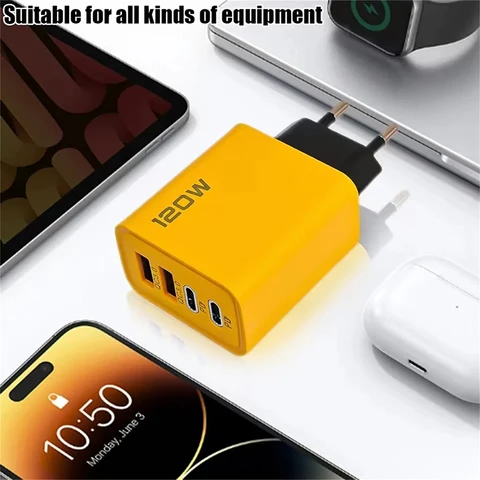Быстрое Зарядное Устройство 120 Вт, 4-портовый Адаптер QC3.0 USB-C, Настенное Крепление