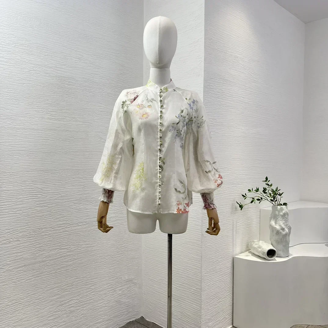 Льняная шелковая белая блузка с длинным рукавом-фонариком и воротником-стойкой