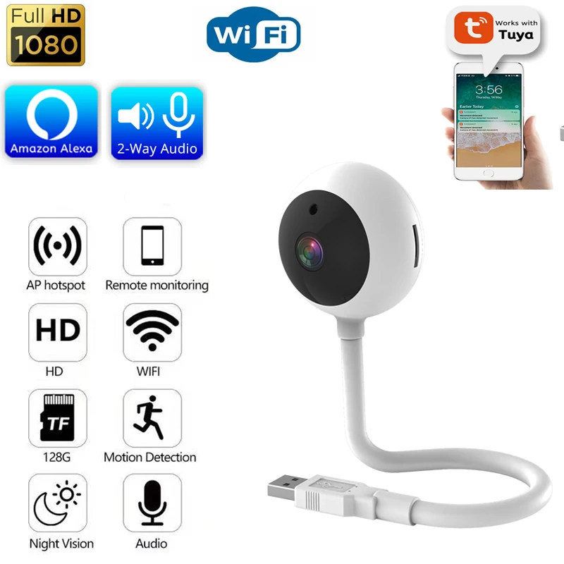 

2023 Tuya Mini Wifi USB Camera 1080P HD Two-way Audio Night Vision App Remote Viewing Video Surveillance CCTV IP Cameras Baby
