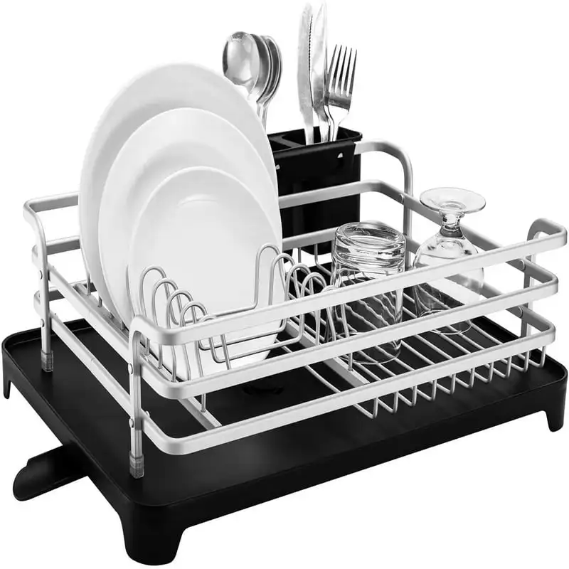 

Dish Rack with Cutlery Holder Removable Drainer Tray, Silver