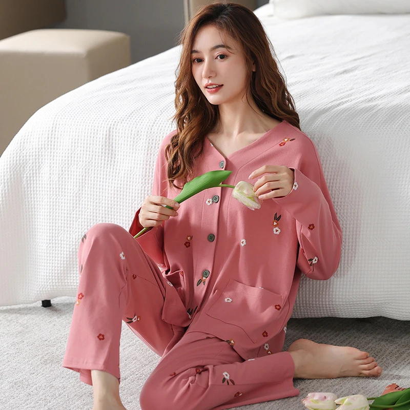 High Quality Pajamas for Women Soft Cotton Sleepwear Long Sleeved New Pijamas Autumn Winter 3XL Blue Korean Women's Pajamas