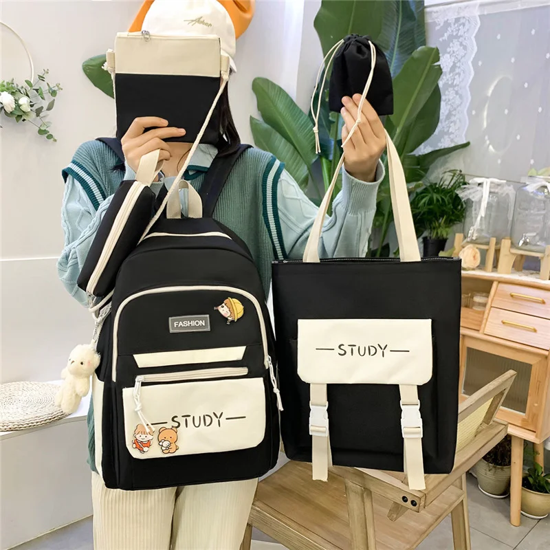 

4 Pcs Set Harajuku Canvas Women Kawaii Backpack School Bags for Teenage Girls Laptop Backpacks Kids Bookbag Rucksack Totes Purse