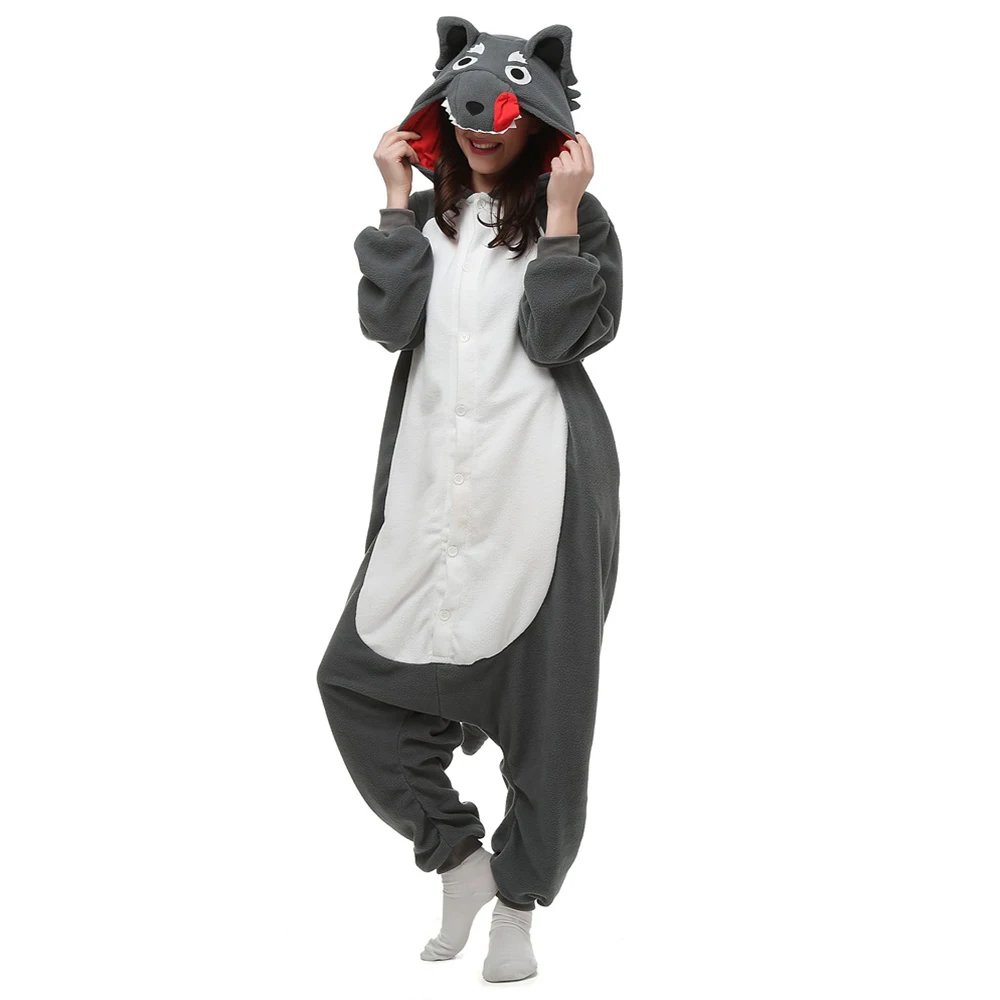 Young Women Winter One-Piece Grey Animal Cartoon Pajamas With Big Tusks And A Tail Polyester Warm Comfortable Sleepwear Cosplay