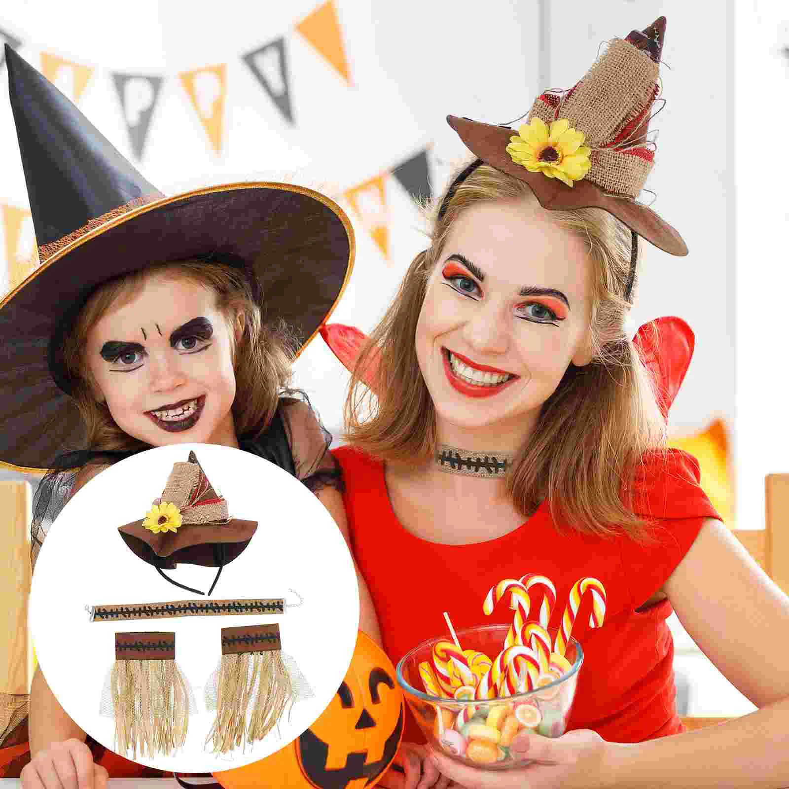 

4 Pcs Necklaces Women Set Kids Witch Costume Girls Toddler Clothes Halloween Headwear Hat Choker Straw Four