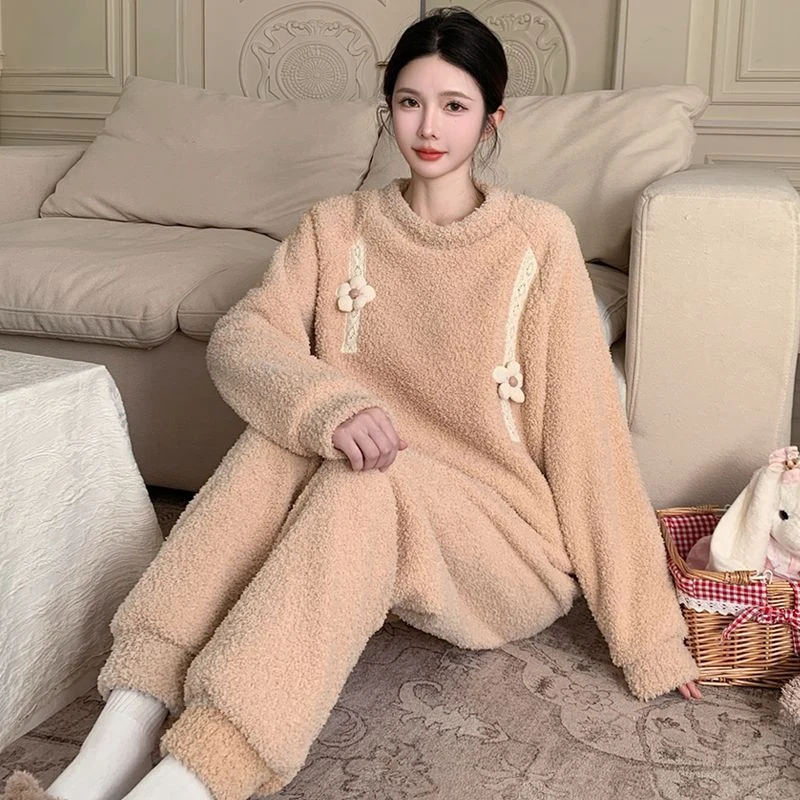 2024 зимние толстые теплые фланелевые пижамные комплекты с длинными рукавами для