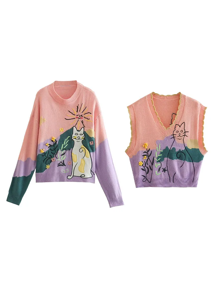 

Женский трикотажный свитер с вышивкой PB & ZA, модный винтажный пуловер с длинным рукавом и изображением животных, осень 2022