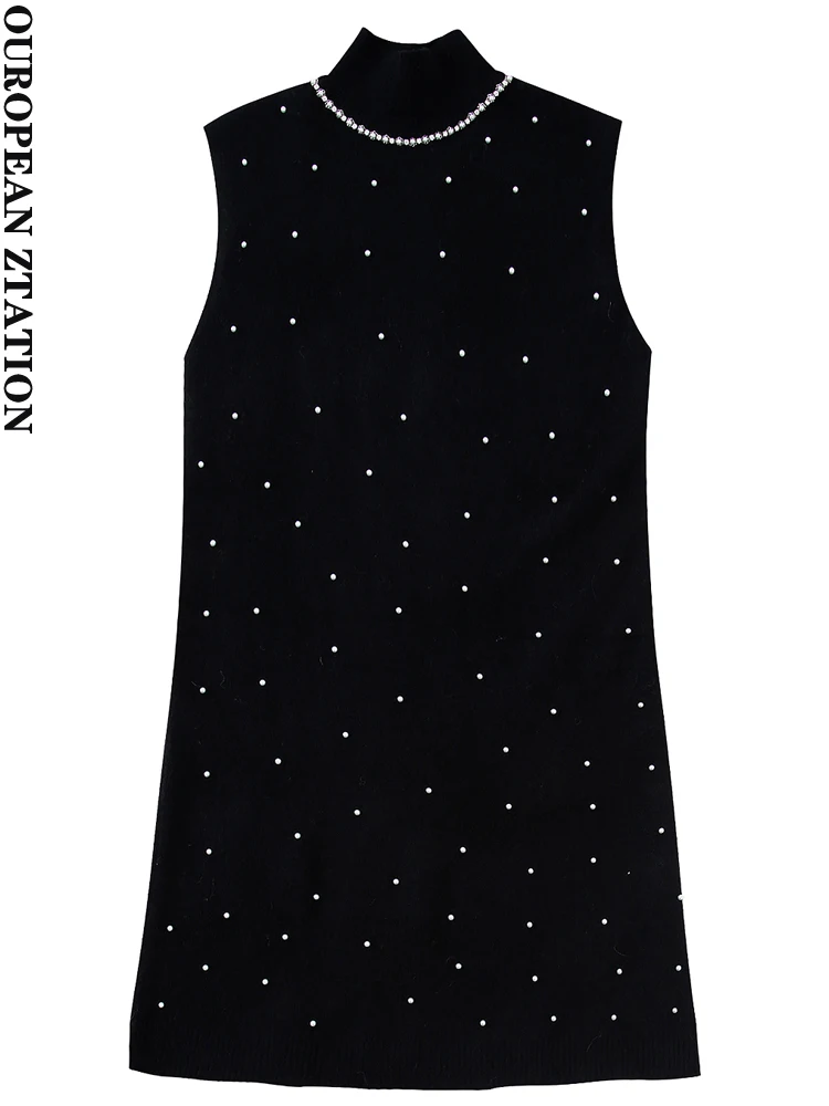 

Женское трикотажное мини-платье PAILETE с аппликацией из искусственного жемчуга, винтажные женские платья без рукавов с высоким воротником, 2022