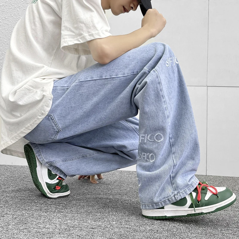 European and American Embroidered Alphabet Jeans Men's Loose Casual Straight Pants High Street Pants Streetwear Ins Hot Sale